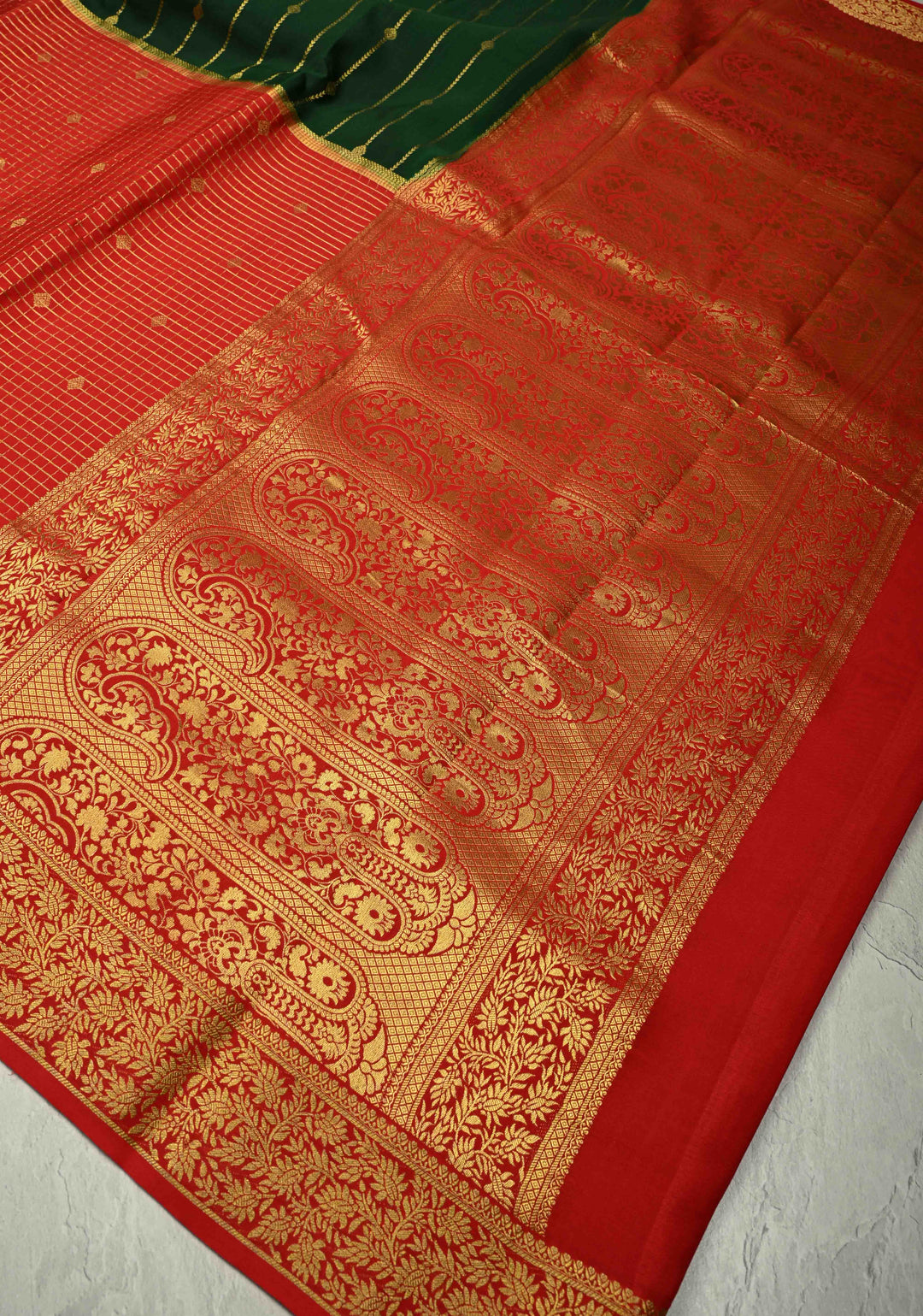 KSIC Grade Thickness Dark Green-Red Half Border Mysore Silk Saree with Zari Checks and Vertical Zari Stripes | SILK MARK CERTIFIED