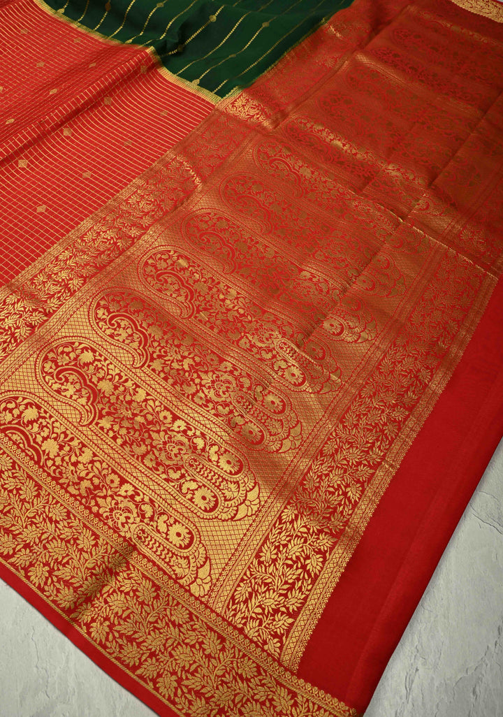 KSIC Grade Thickness Dark Green-Red Half Border Mysore Silk Saree with Zari Checks and Vertical Zari Stripes | SILK MARK CERTIFIED