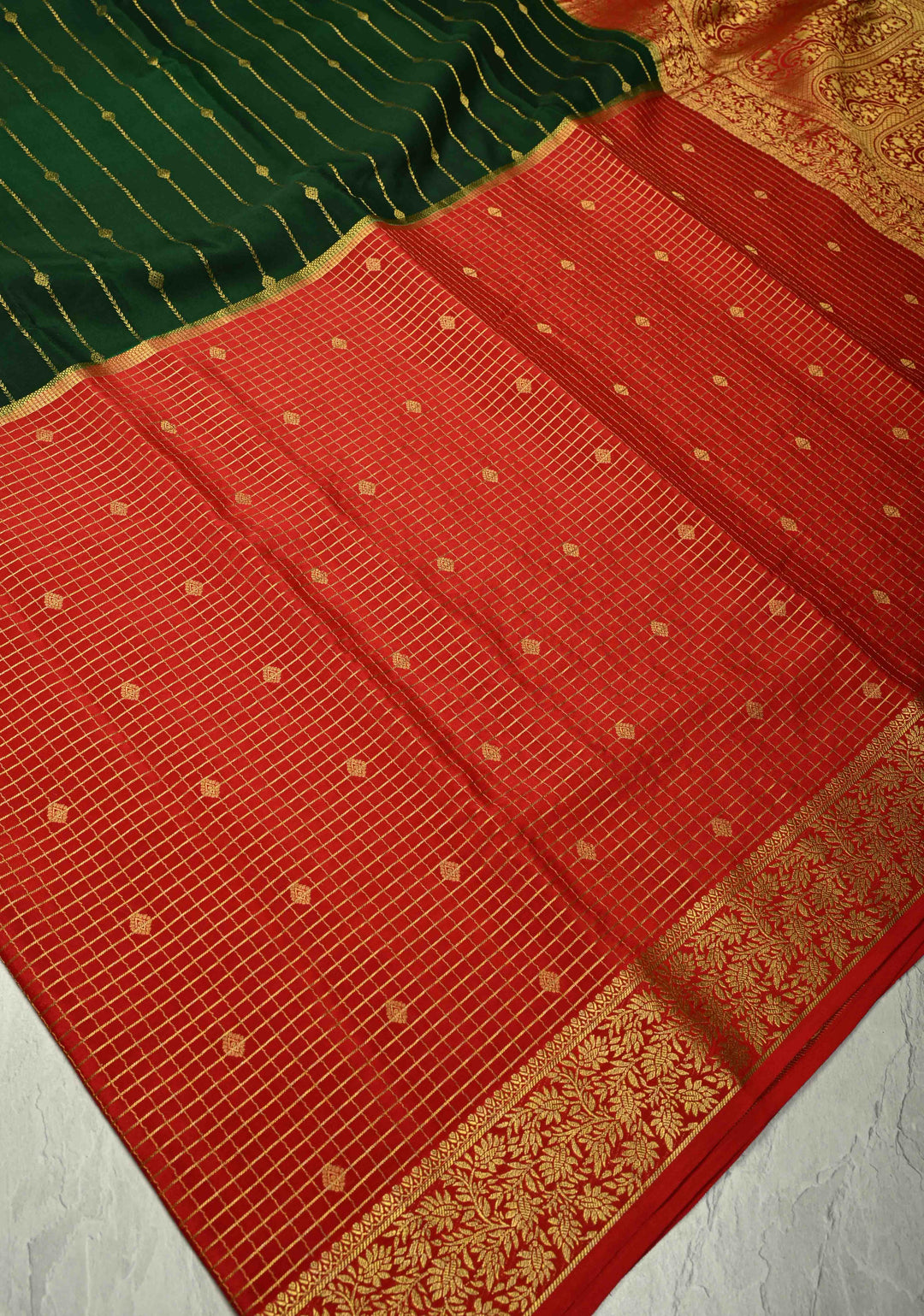 KSIC Grade Thickness Dark Green-Red Half Border Mysore Silk Saree with Zari Checks and Vertical Zari Stripes | SILK MARK CERTIFIED