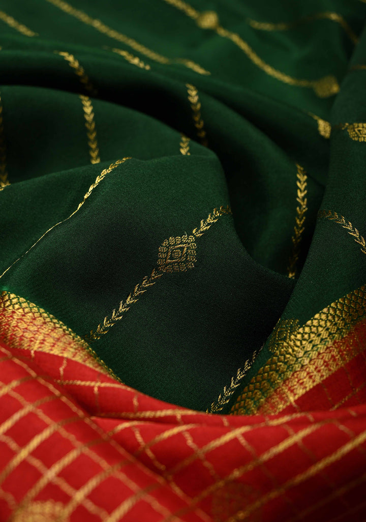 KSIC Grade Thickness Dark Green-Red Half Border Mysore Silk Saree with Zari Checks and Vertical Zari Stripes | SILK MARK CERTIFIED