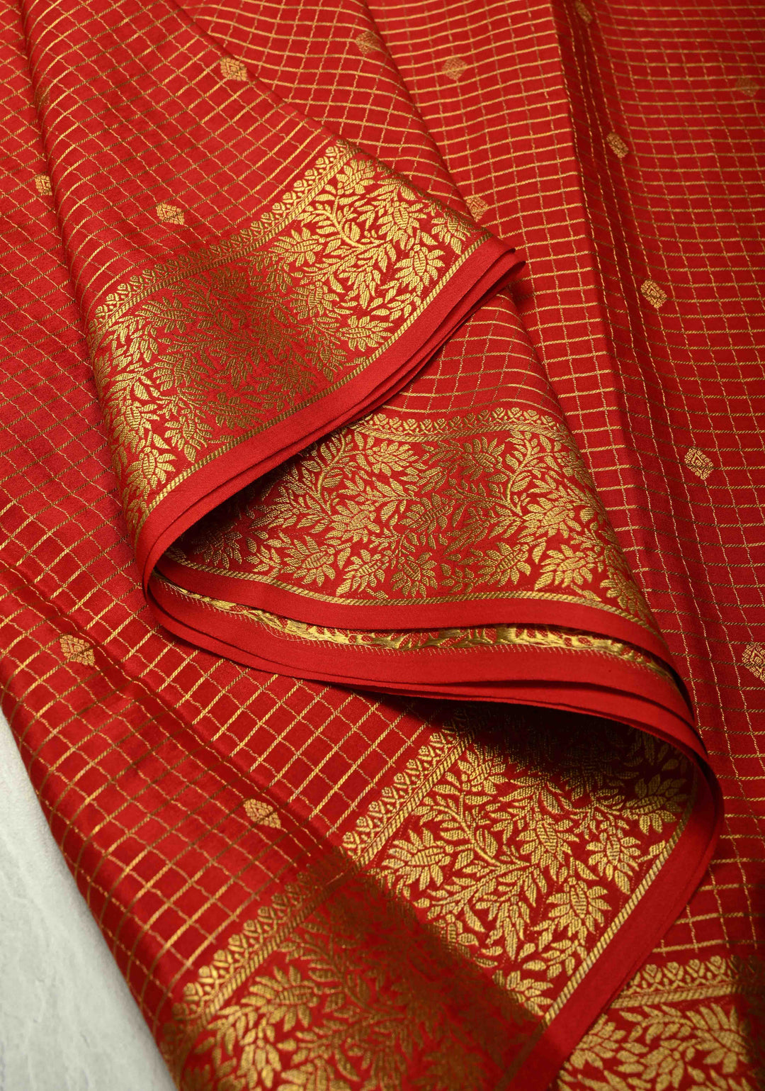 KSIC Grade Thickness Dark Green-Red Half Border Mysore Silk Saree with Zari Checks and Vertical Zari Stripes | SILK MARK CERTIFIED