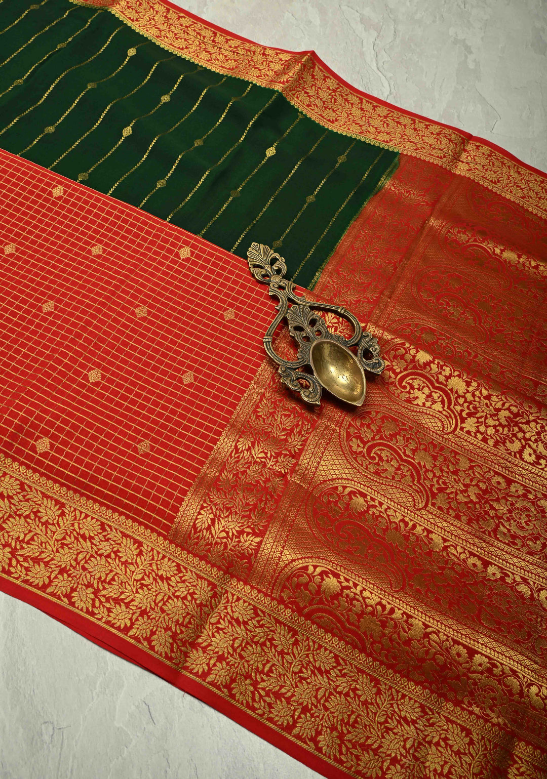 KSIC Grade Thickness Dark Green-Red Half Border Mysore Silk Saree with Zari Checks and Vertical Zari Stripes | SILK MARK CERTIFIED