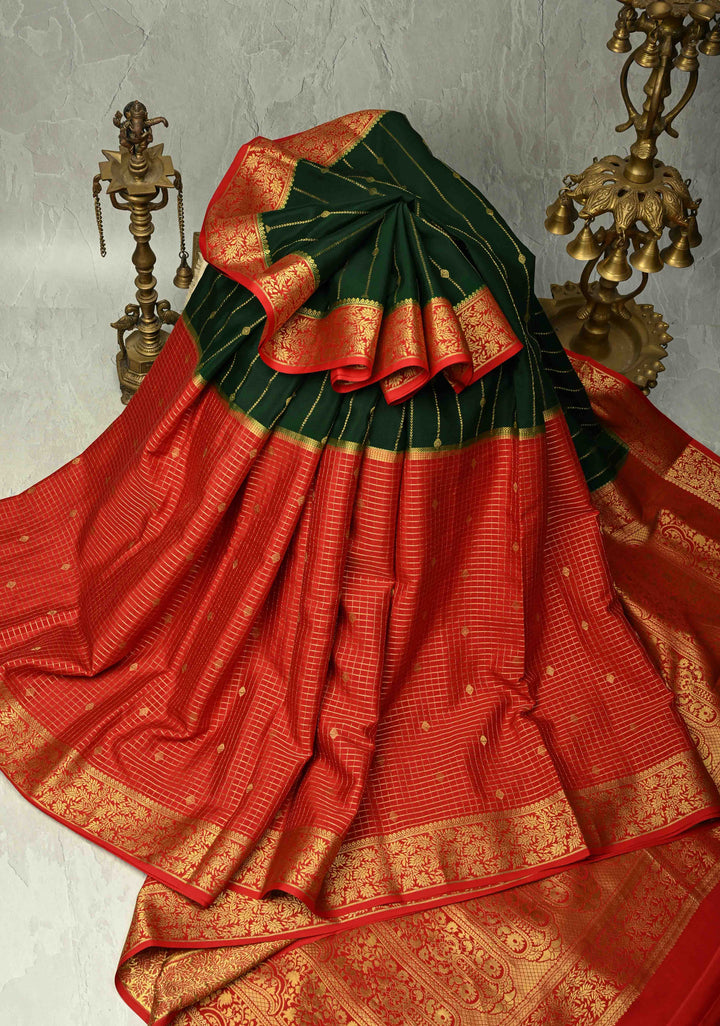 KSIC Grade Thickness Dark Green-Red Half Border Mysore Silk Saree with Zari Checks and Vertical Zari Stripes | SILK MARK CERTIFIED