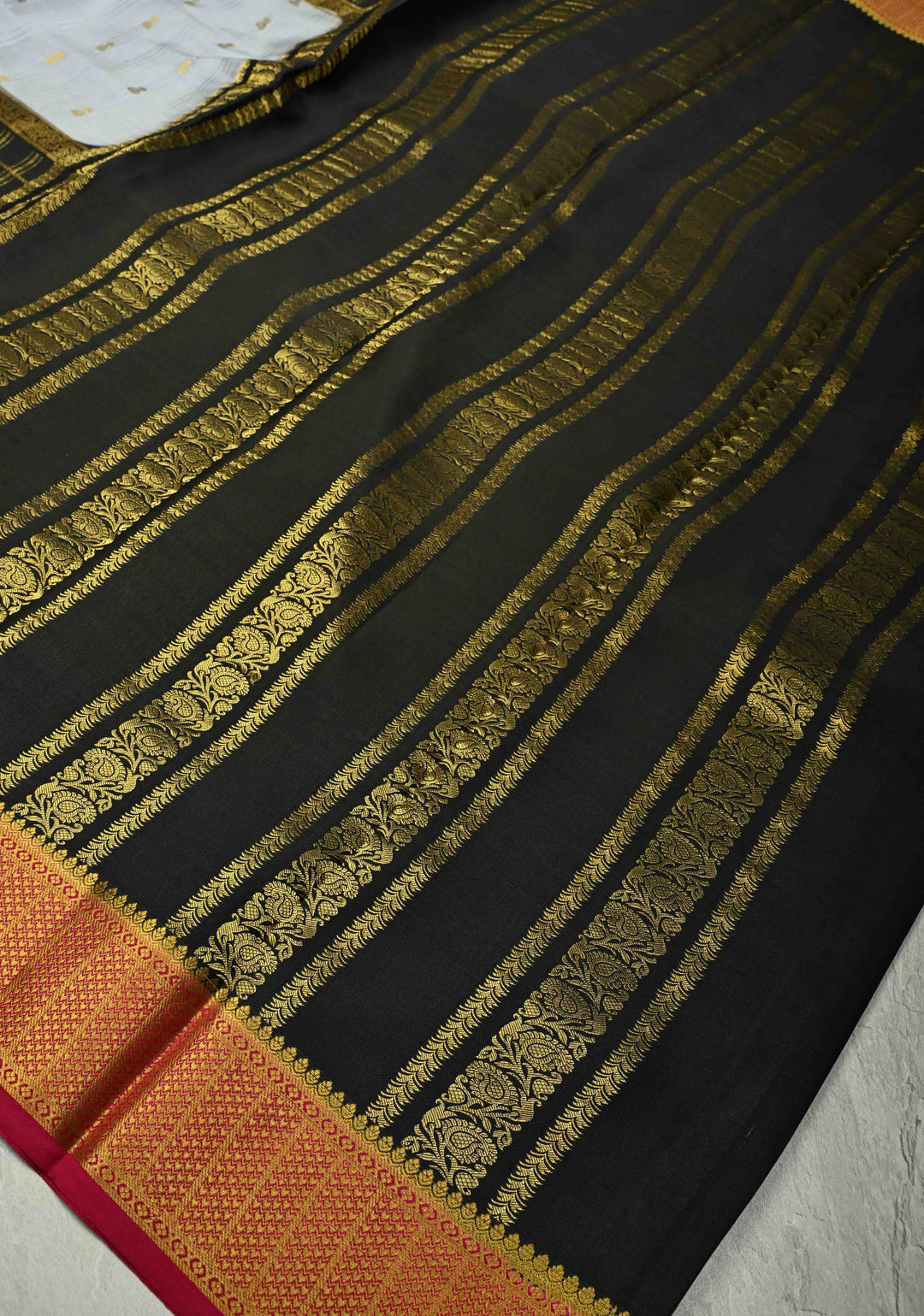 Ash Gray and Black  Mysore Silk Saree with Zari Butta and  Half Checks Border  | SILK MARK CERTIFIED