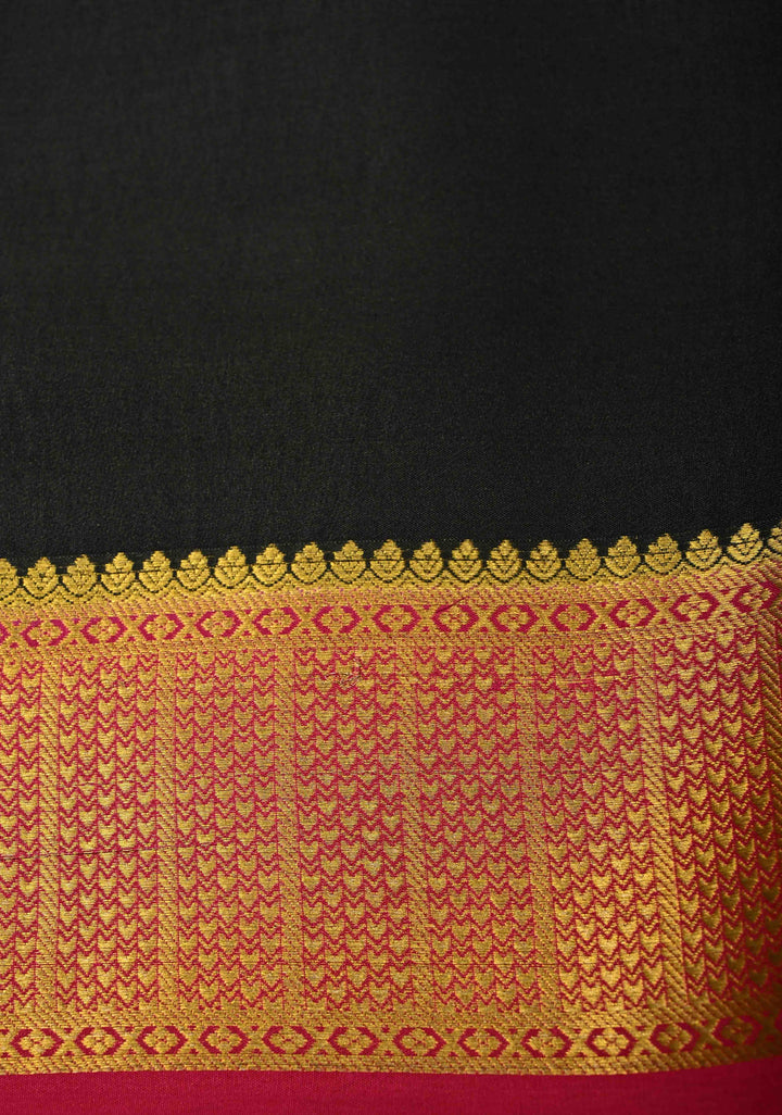 Ash Gray and Black  Mysore Silk Saree with Zari Butta and  Half Checks Border  | SILK MARK CERTIFIED