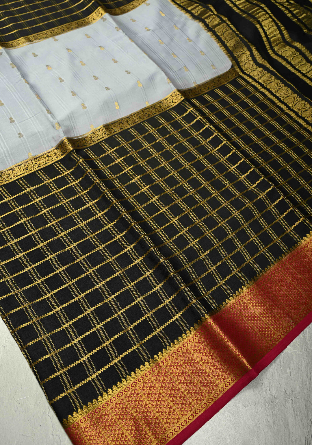 Ash Gray and Black  Mysore Silk Saree with Zari Butta and  Half Checks Border  | SILK MARK CERTIFIED