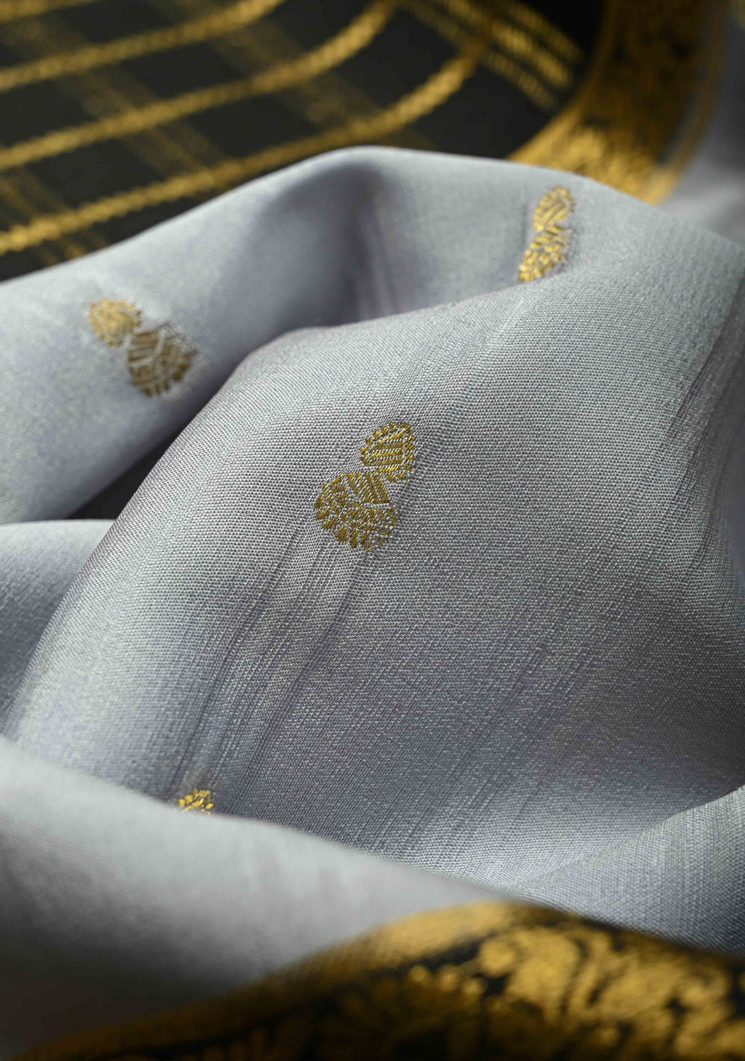 Ash Gray and Black  Mysore Silk Saree with Zari Butta and  Half Checks Border  | SILK MARK CERTIFIED