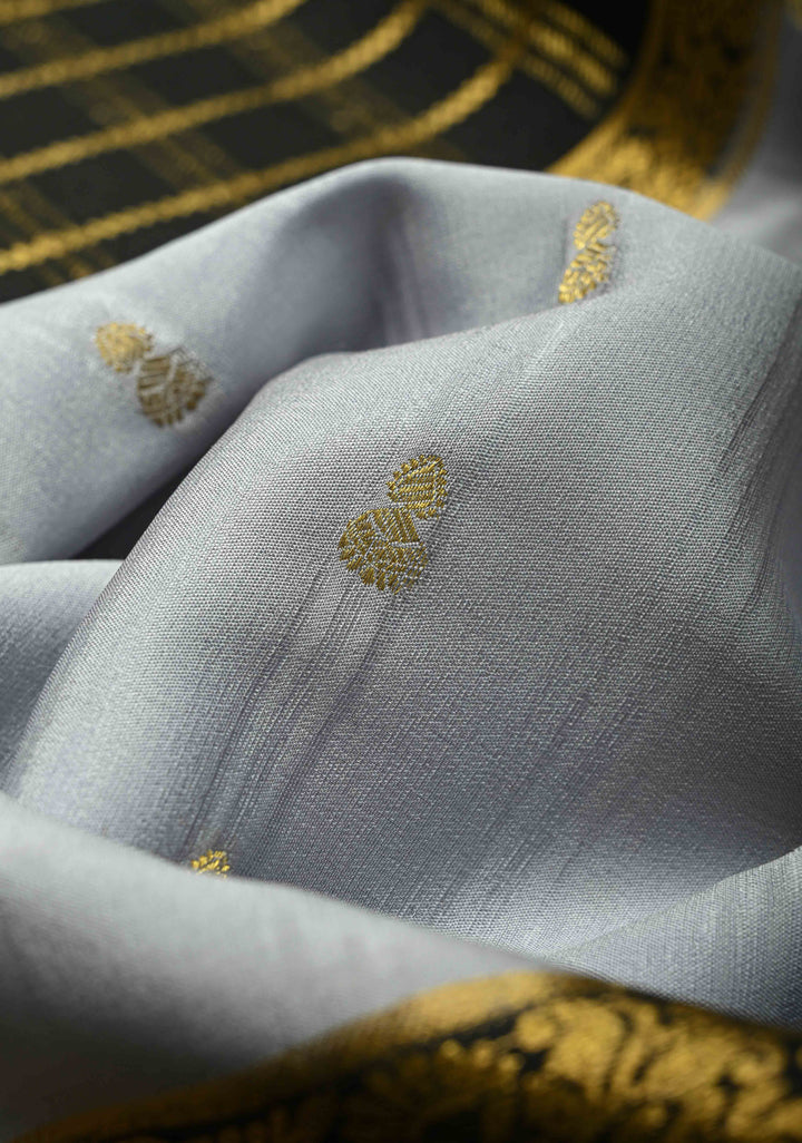 Ash Gray and Black  Mysore Silk Saree with Zari Butta and  Half Checks Border  | SILK MARK CERTIFIED
