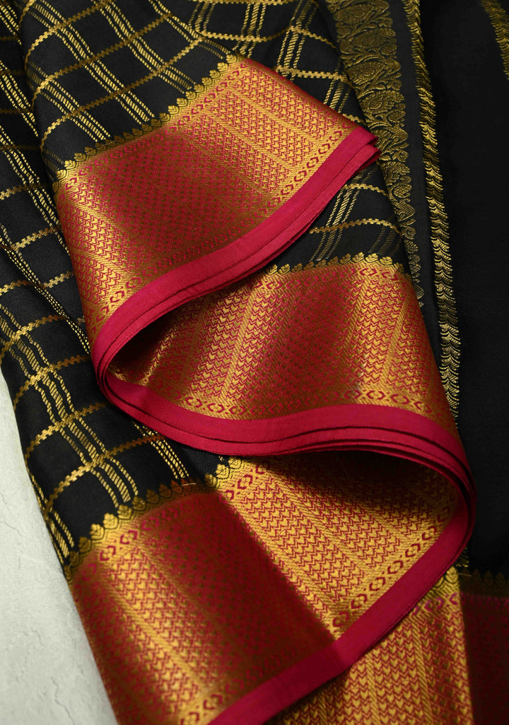 Ash Gray and Black  Mysore Silk Saree with Zari Butta and  Half Checks Border  | SILK MARK CERTIFIED