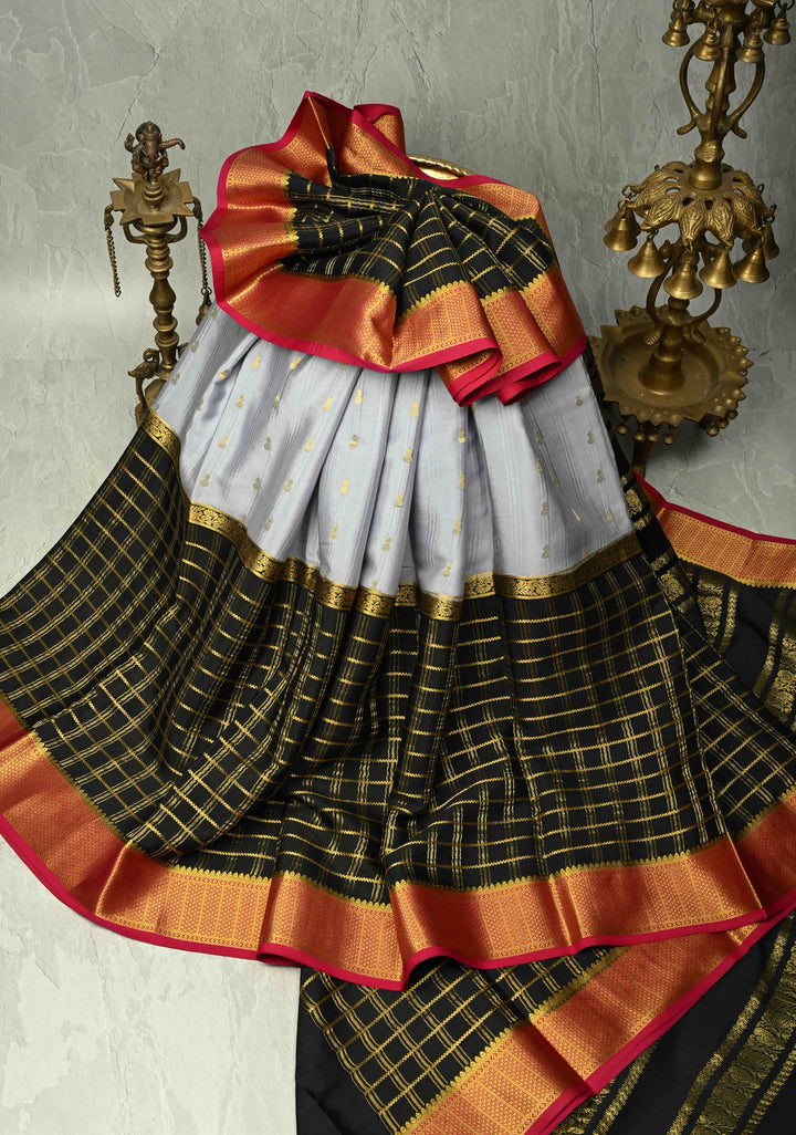 Ash Gray and Black  Mysore Silk Saree with Zari Butta and  Half Checks Border  | SILK MARK CERTIFIED