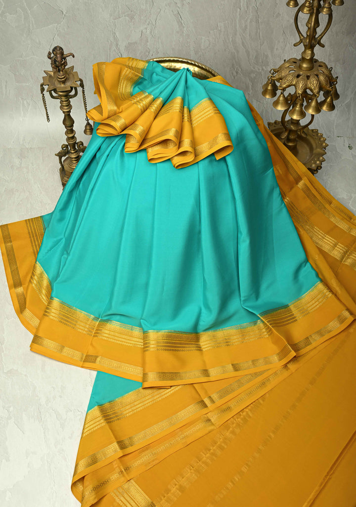 KSIC Grade Thickness Anand Blue Pure Mysore Silk Saree with Contrast Zari Border | SILK MARK CERTIFIED