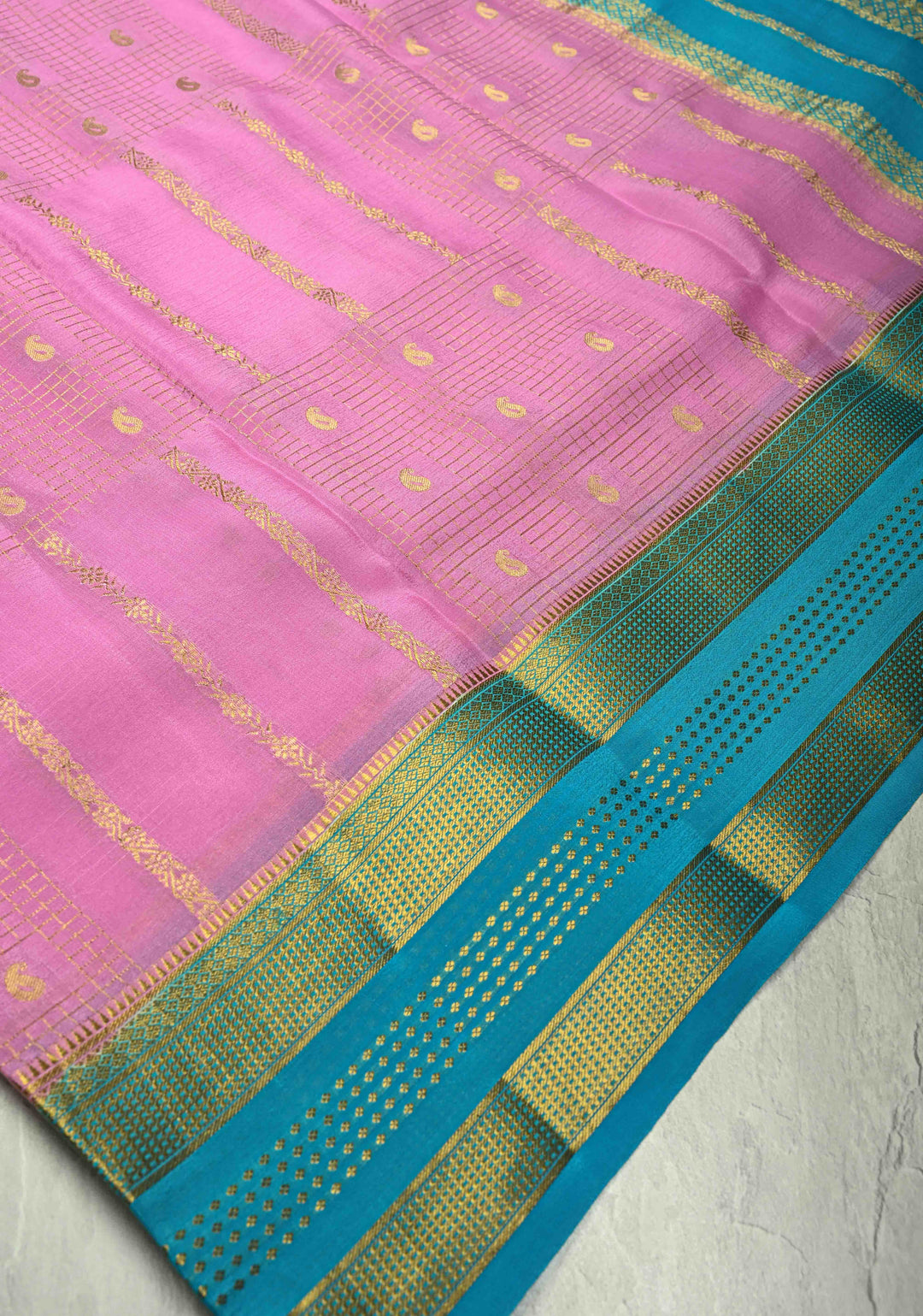 Bubblegumpink Mysore Silk Saree with Checks Zari stripes Buttis and Zari Border | SILK MARK CERTIFIED