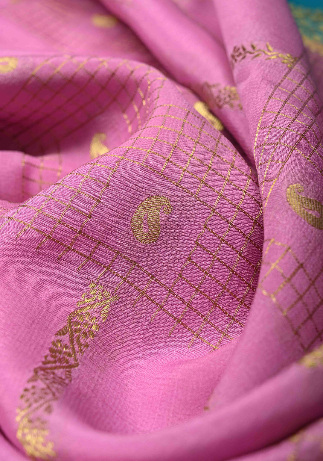 Bubblegumpink Mysore Silk Saree with Checks Zari stripes Buttis and Zari Border | SILK MARK CERTIFIED