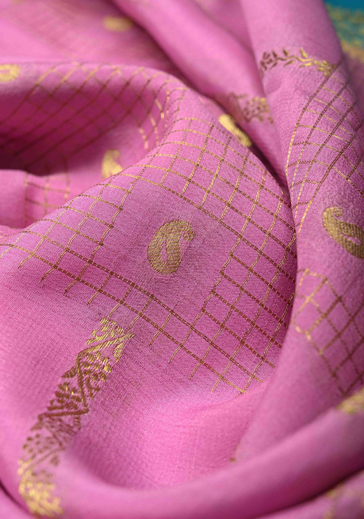 Bubblegumpink Mysore Silk Saree with Checks Zari stripes Buttis and Zari Border | SILK MARK CERTIFIED