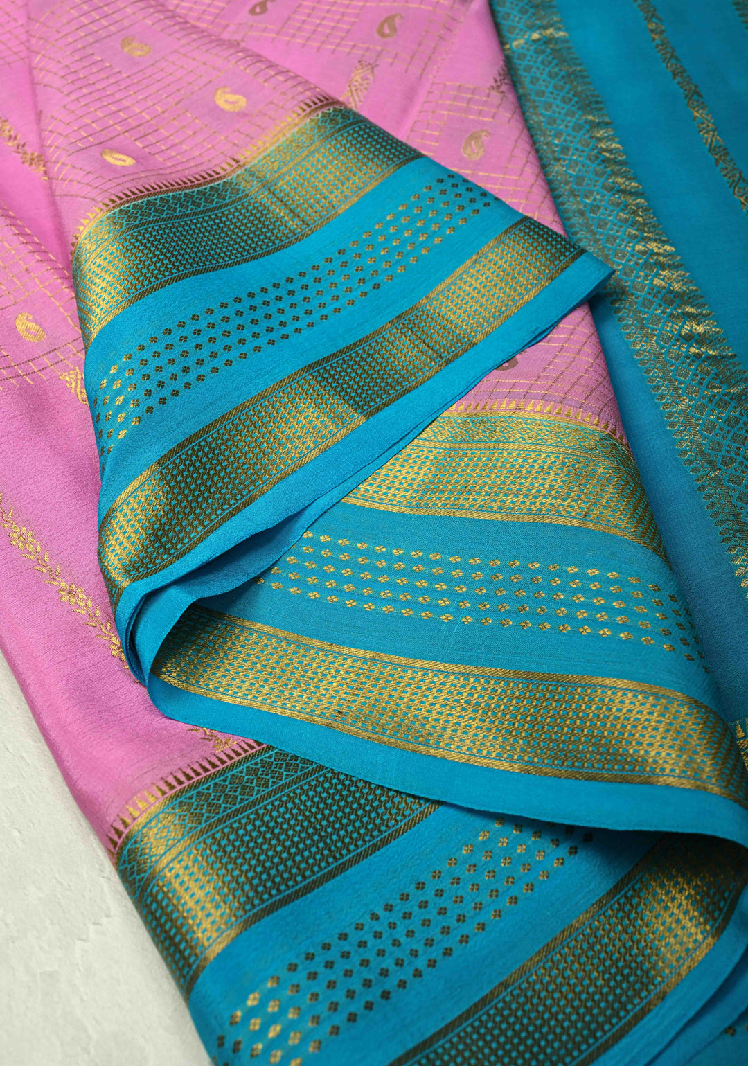 Bubblegumpink Mysore Silk Saree with Checks Zari stripes Buttis and Zari Border | SILK MARK CERTIFIED