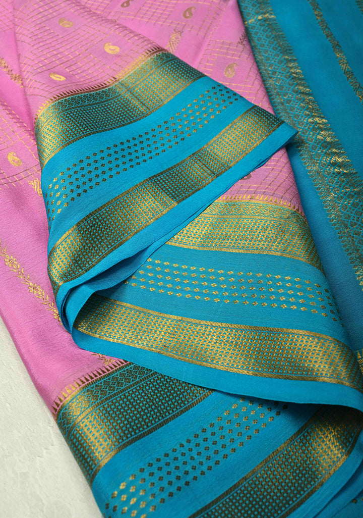 Bubblegumpink Mysore Silk Saree with Checks Zari stripes Buttis and Zari Border | SILK MARK CERTIFIED