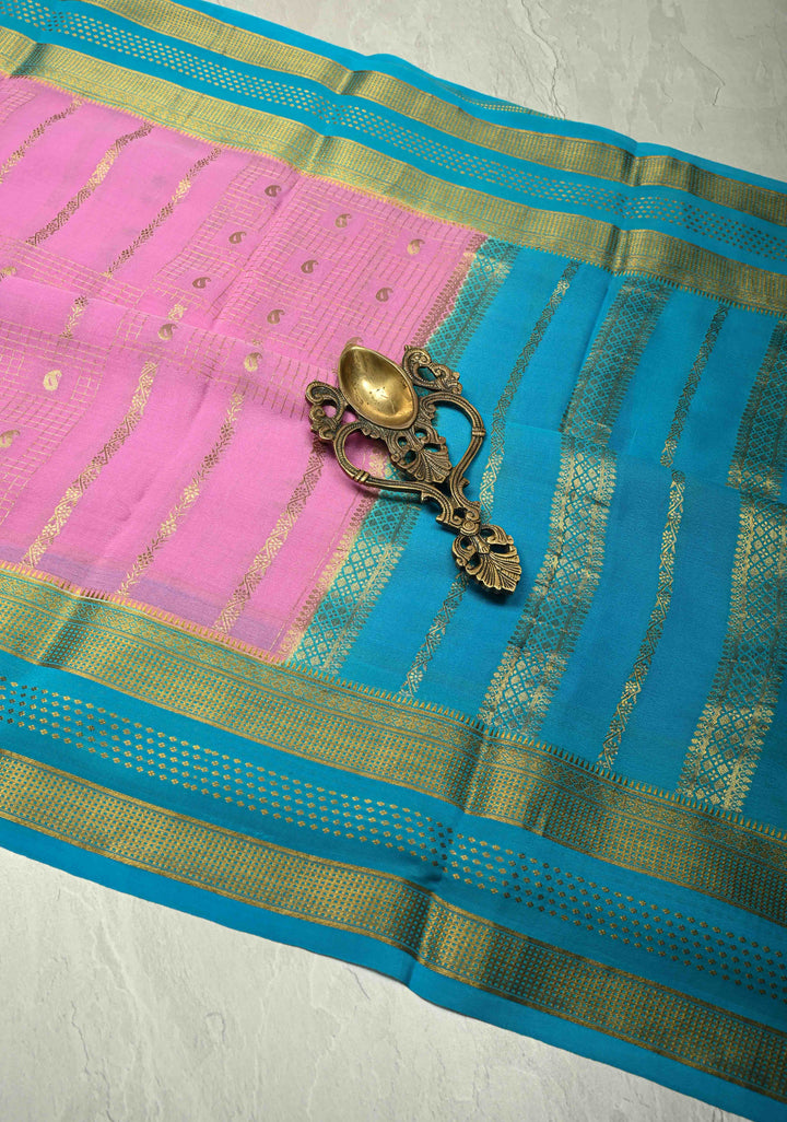 Bubblegumpink Mysore Silk Saree with Checks Zari stripes Buttis and Zari Border | SILK MARK CERTIFIED