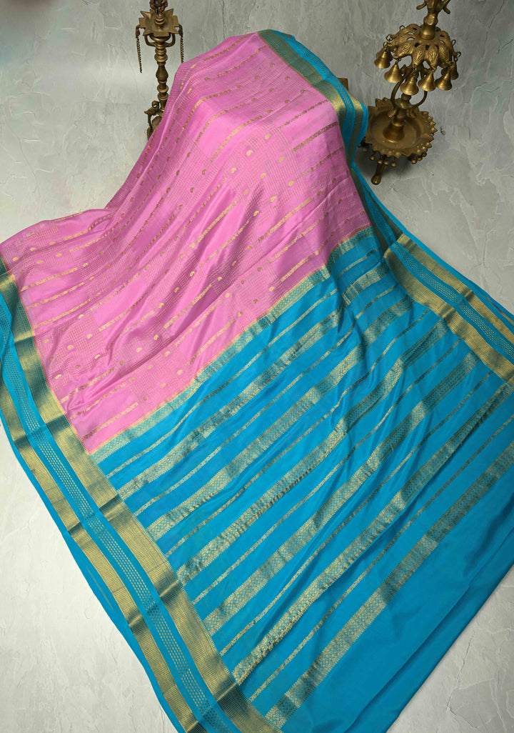 Bubblegumpink Mysore Silk Saree with Checks Zari stripes Buttis and Zari Border | SILK MARK CERTIFIED