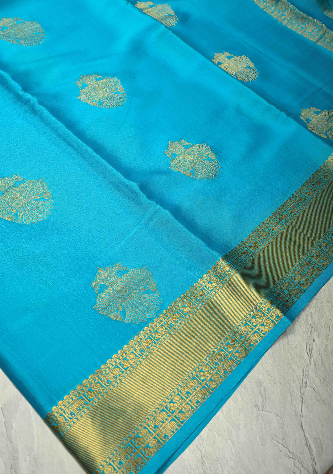 Rama Green Pure Mysore Silk Saree with Gandaberunda Buttas and Zari Border | SILK MARK CERTIFIED