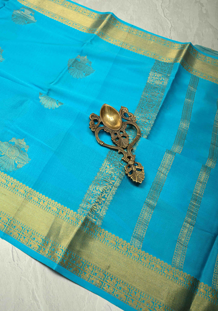 Rama Green Pure Mysore Silk Saree with Gandaberunda Buttas and Zari Border | SILK MARK CERTIFIED