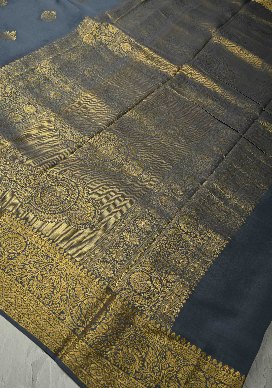 Gray Mysore Silk Saree with Floral Zari Buttas and Fancy Zari Border| SILK MARK CERTIFIED