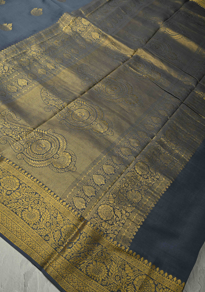 Gray Mysore Silk Saree with Floral Zari Buttas and Fancy Zari Border| SILK MARK CERTIFIED