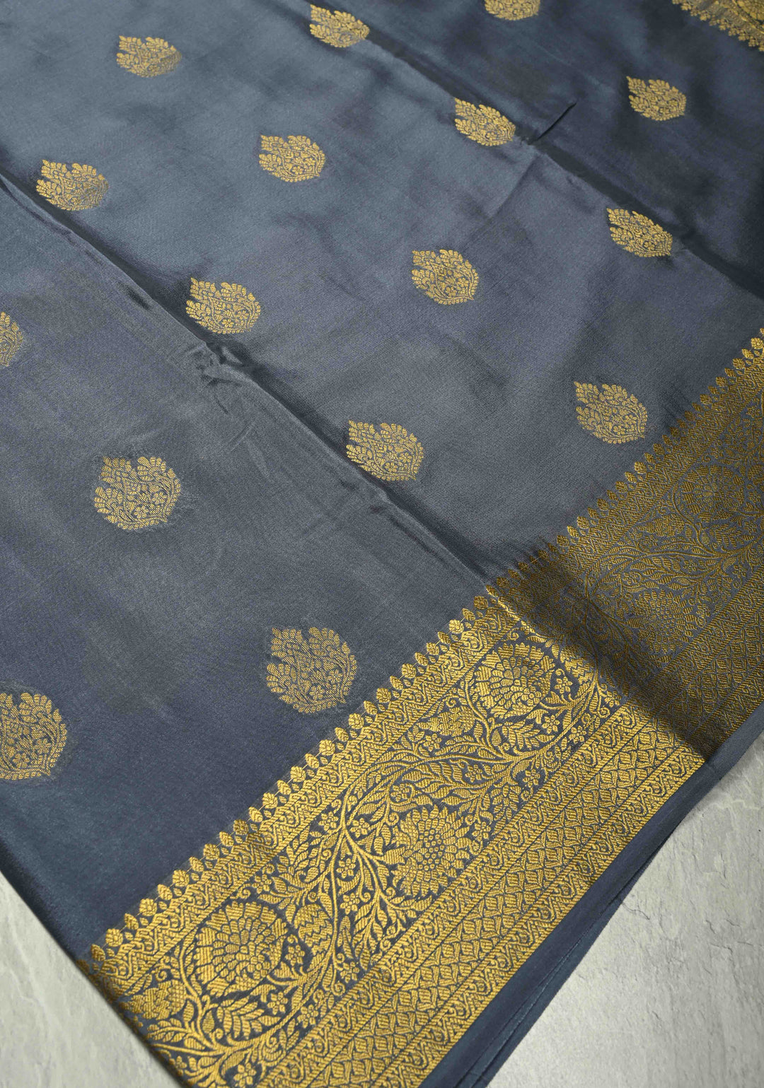 Gray Mysore Silk Saree with Floral Zari Buttas and Fancy Zari Border| SILK MARK CERTIFIED