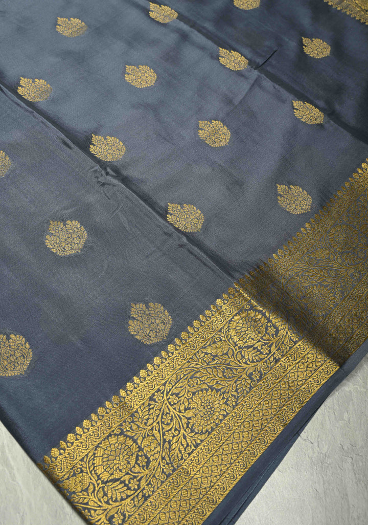 Gray Mysore Silk Saree with Floral Zari Buttas and Fancy Zari Border| SILK MARK CERTIFIED