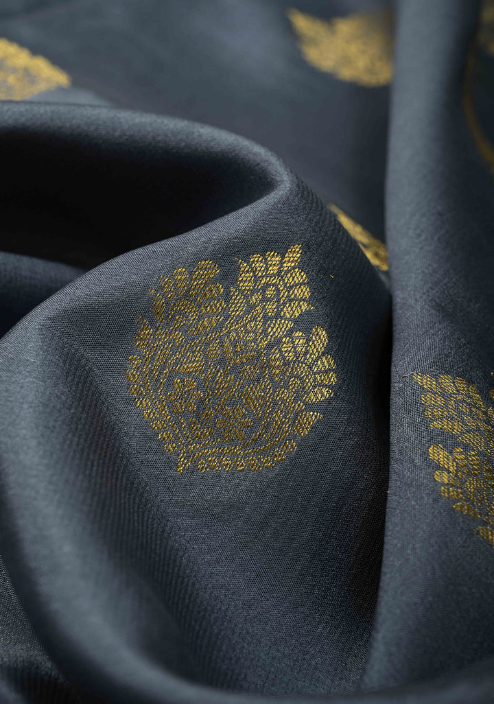 Gray Mysore Silk Saree with Floral Zari Buttas and Fancy Zari Border| SILK MARK CERTIFIED