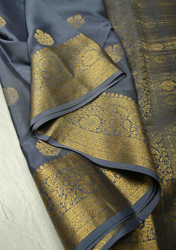 Gray Mysore Silk Saree with Floral Zari Buttas and Fancy Zari Border| SILK MARK CERTIFIED