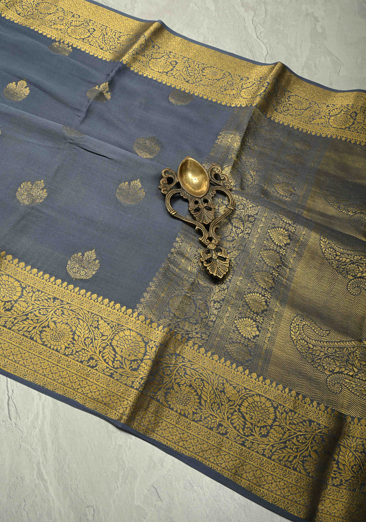 Gray Mysore Silk Saree with Floral Zari Buttas and Fancy Zari Border| SILK MARK CERTIFIED