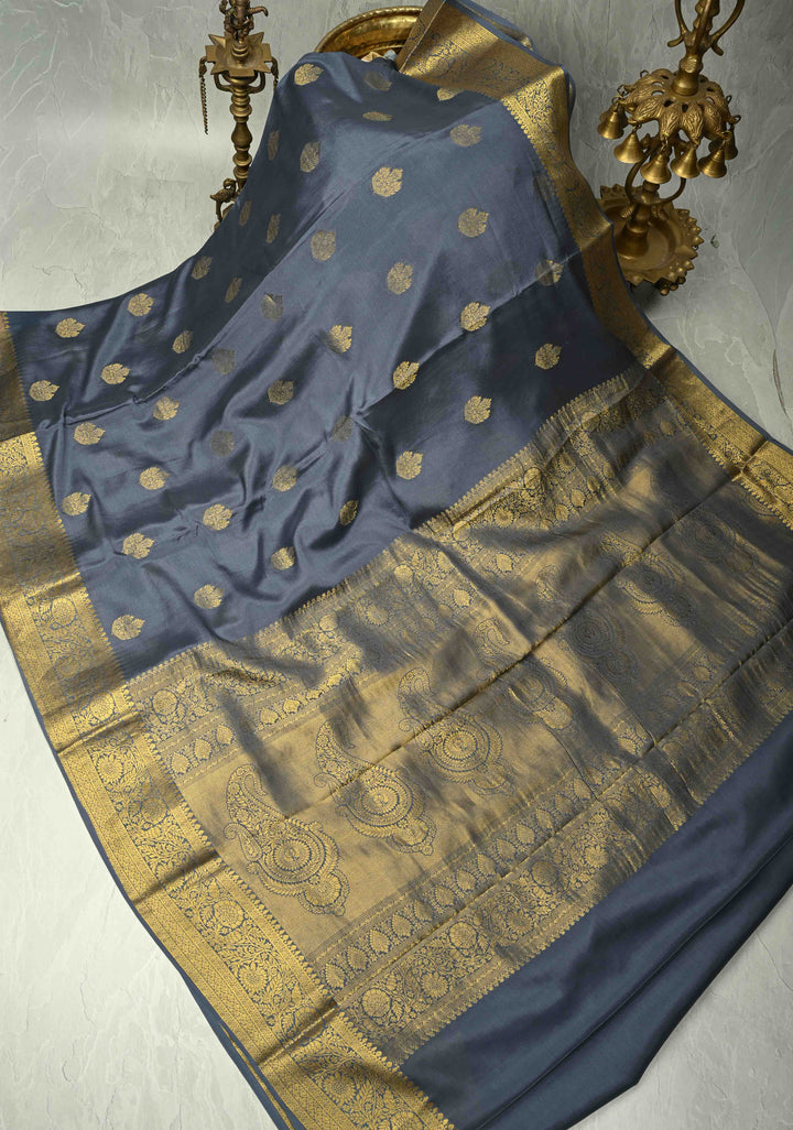 Gray Mysore Silk Saree with Floral Zari Buttas and Fancy Zari Border| SILK MARK CERTIFIED