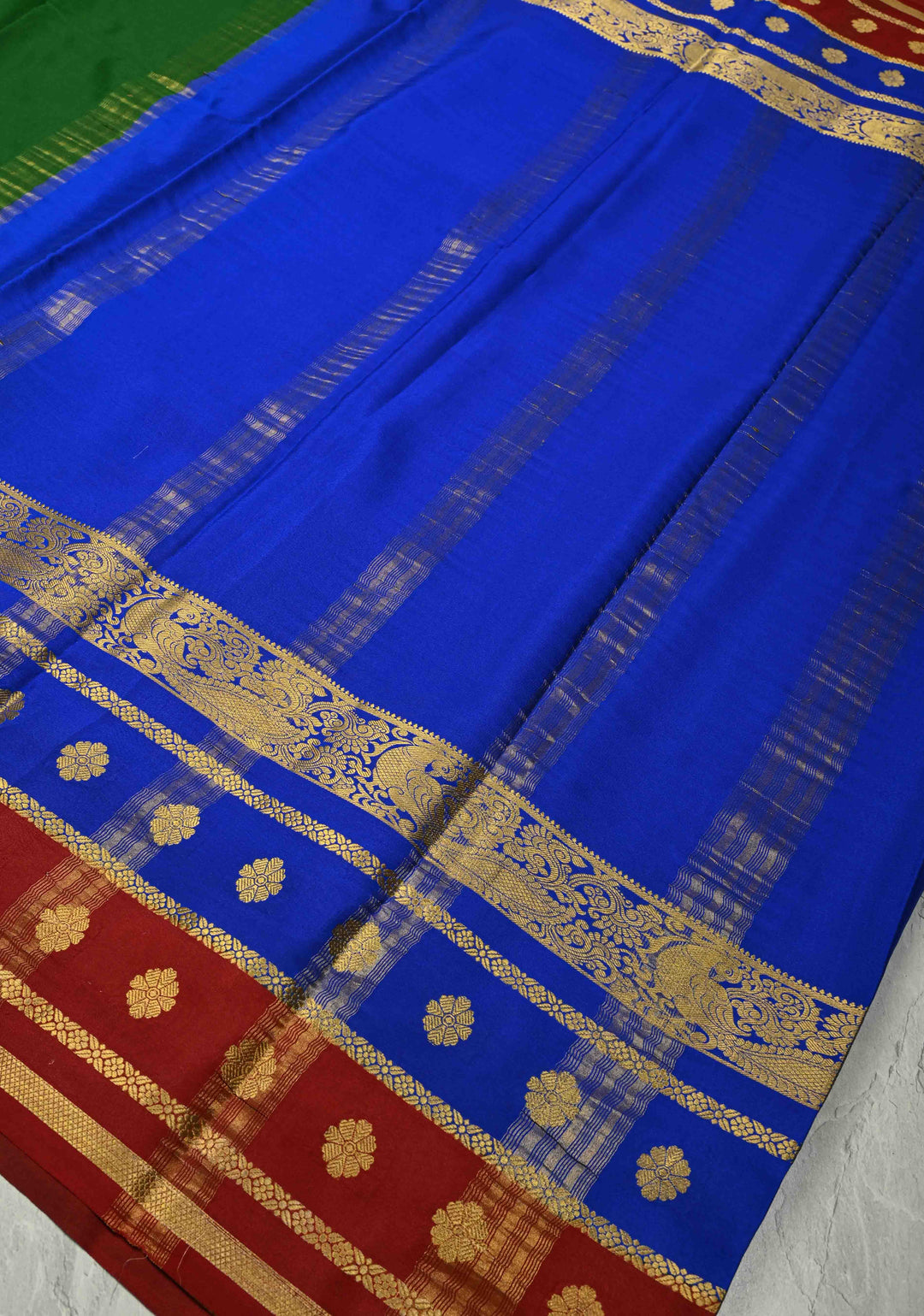 Emerald Green Mysore Silk Saree with Contrast Blue-Maroon Detailing Zari Border| SILK MARK CERTIFIED