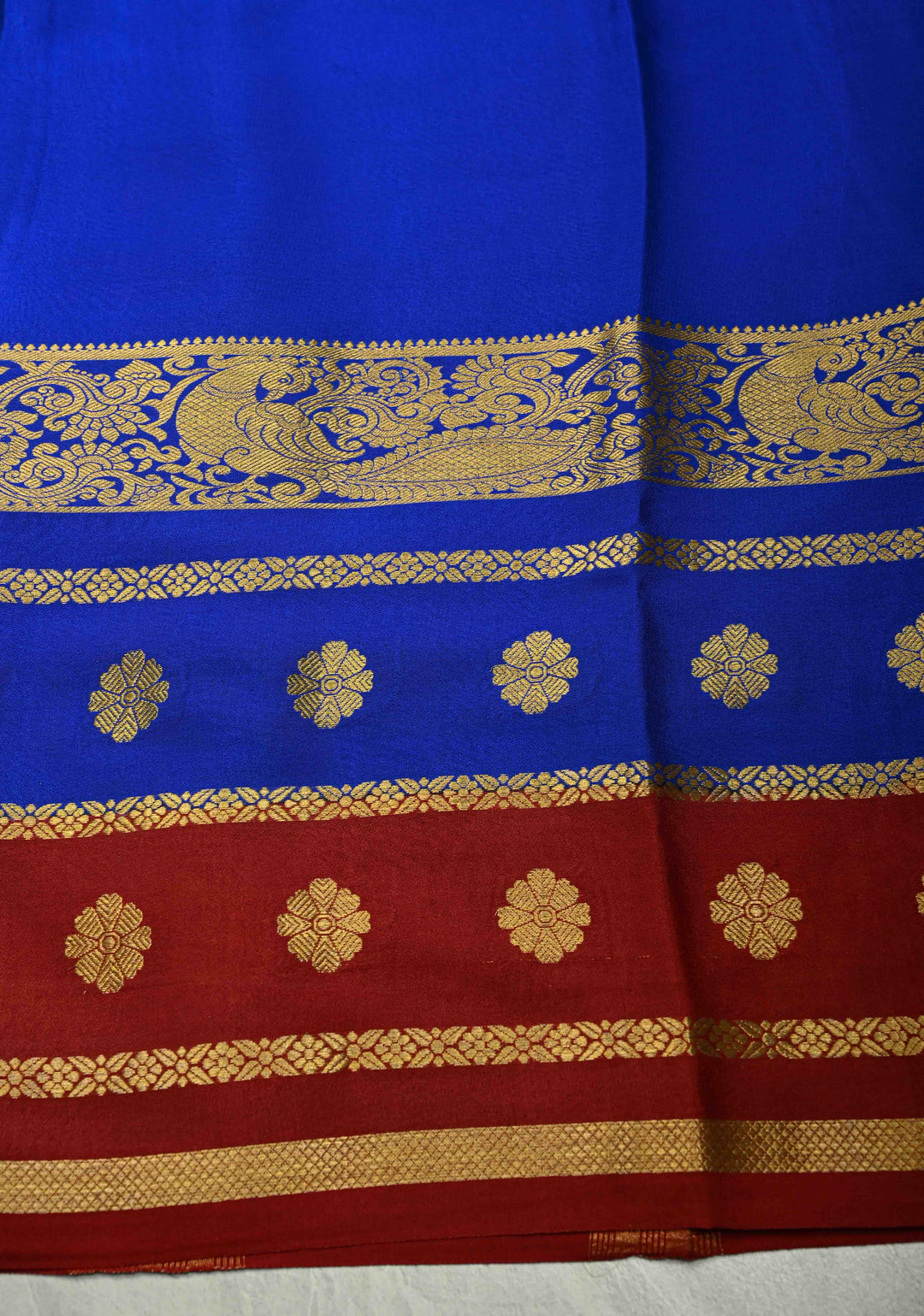 Emerald Green Mysore Silk Saree with Contrast Blue-Maroon Detailing Zari Border| SILK MARK CERTIFIED
