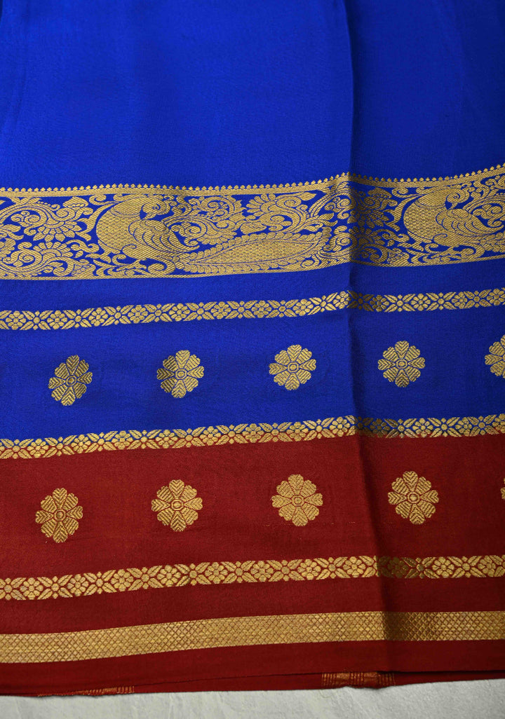 Emerald Green Mysore Silk Saree with Contrast Blue-Maroon Detailing Zari Border| SILK MARK CERTIFIED