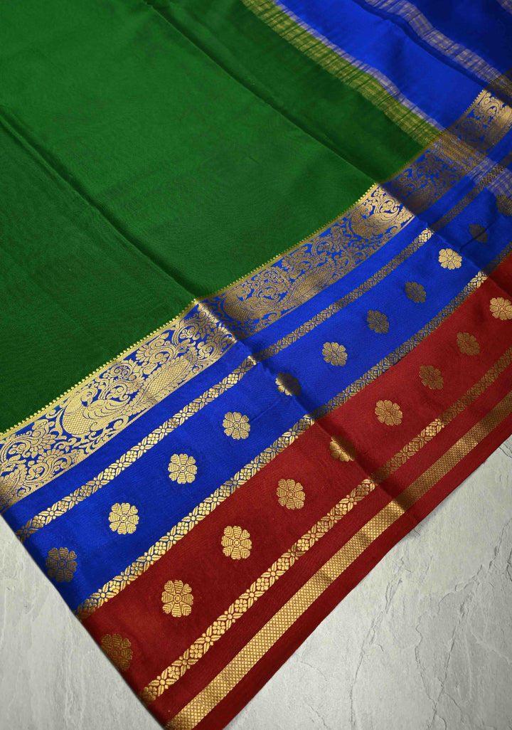 Emerald Green Mysore Silk Saree with Contrast Blue-Maroon Detailing Zari Border| SILK MARK CERTIFIED