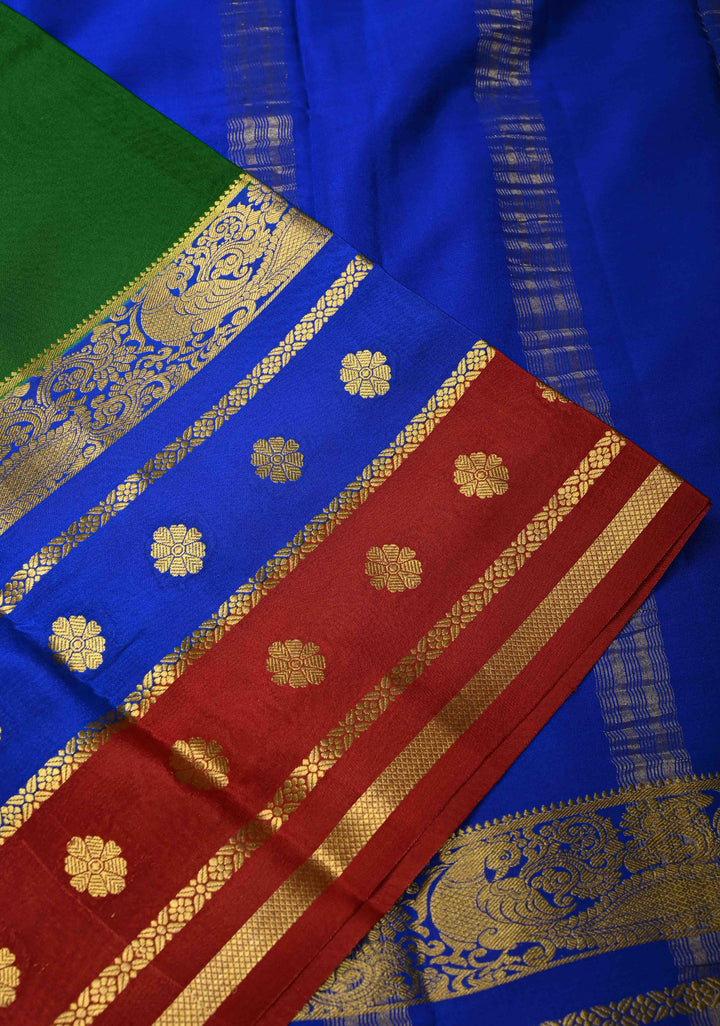 Emerald Green Mysore Silk Saree with Contrast Blue-Maroon Detailing Zari Border| SILK MARK CERTIFIED