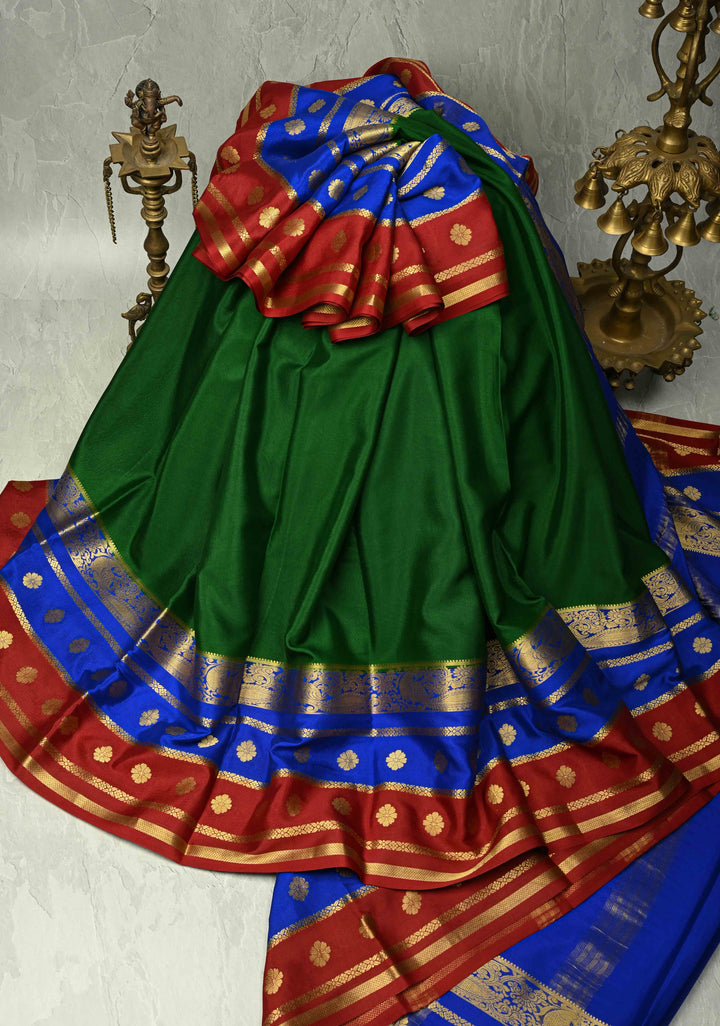 Emerald Green Mysore Silk Saree with Contrast Blue-Maroon Detailing Zari Border| SILK MARK CERTIFIED