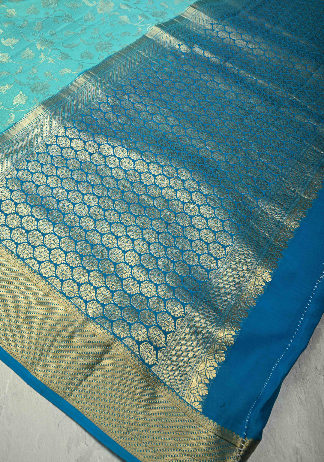 Shades of Blue Ombre Mysore Silk Saree with Floral Brocade Jaal and Contrast Zari Border   | SILK MARK CERTIFIED