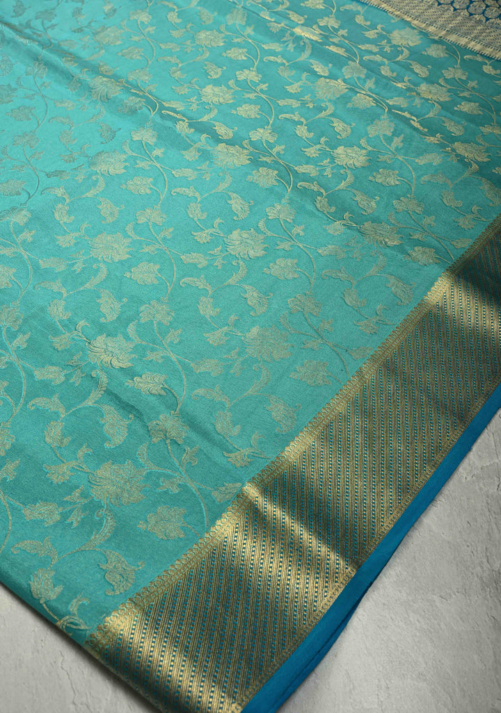 Shades of Blue Ombre Mysore Silk Saree with Floral Brocade Jaal and Contrast Zari Border   | SILK MARK CERTIFIED
