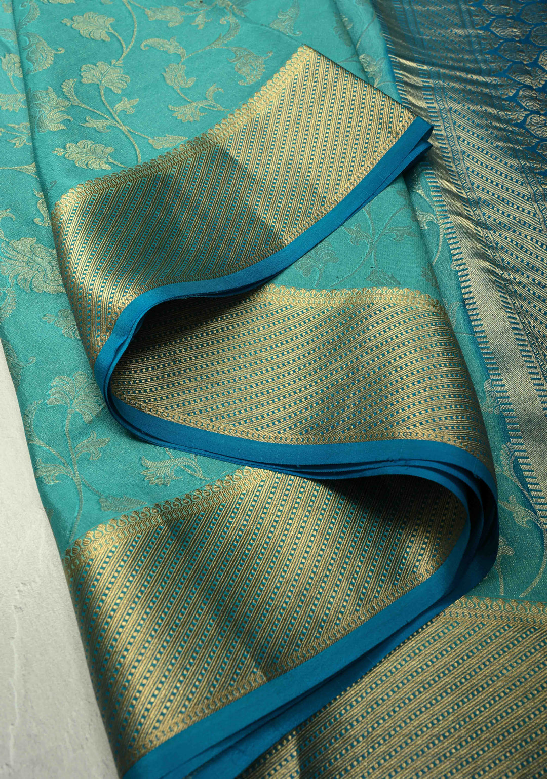 Shades of Blue Ombre Mysore Silk Saree with Floral Brocade Jaal and Contrast Zari Border   | SILK MARK CERTIFIED