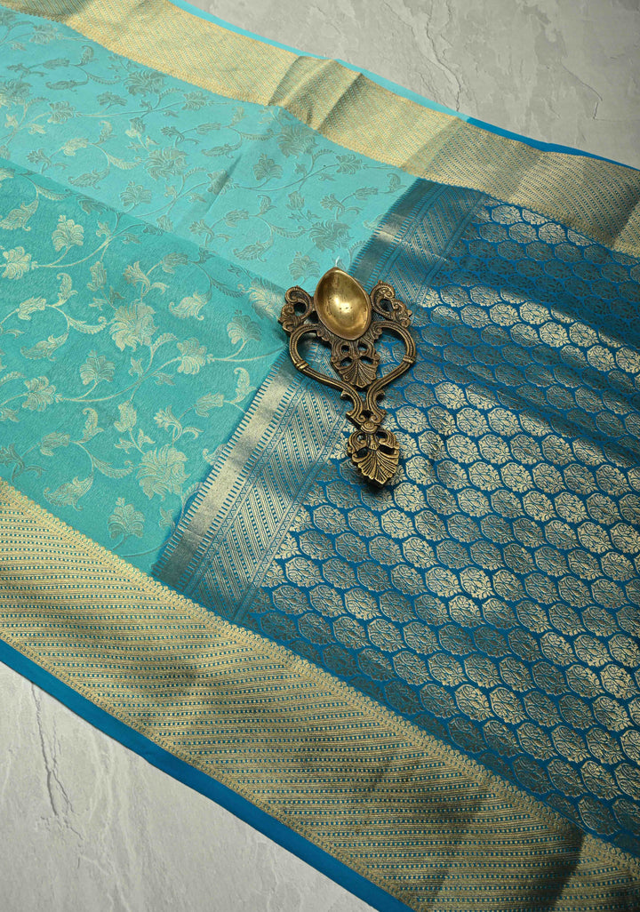 Shades of Blue Ombre Mysore Silk Saree with Floral Brocade Jaal and Contrast Zari Border   | SILK MARK CERTIFIED