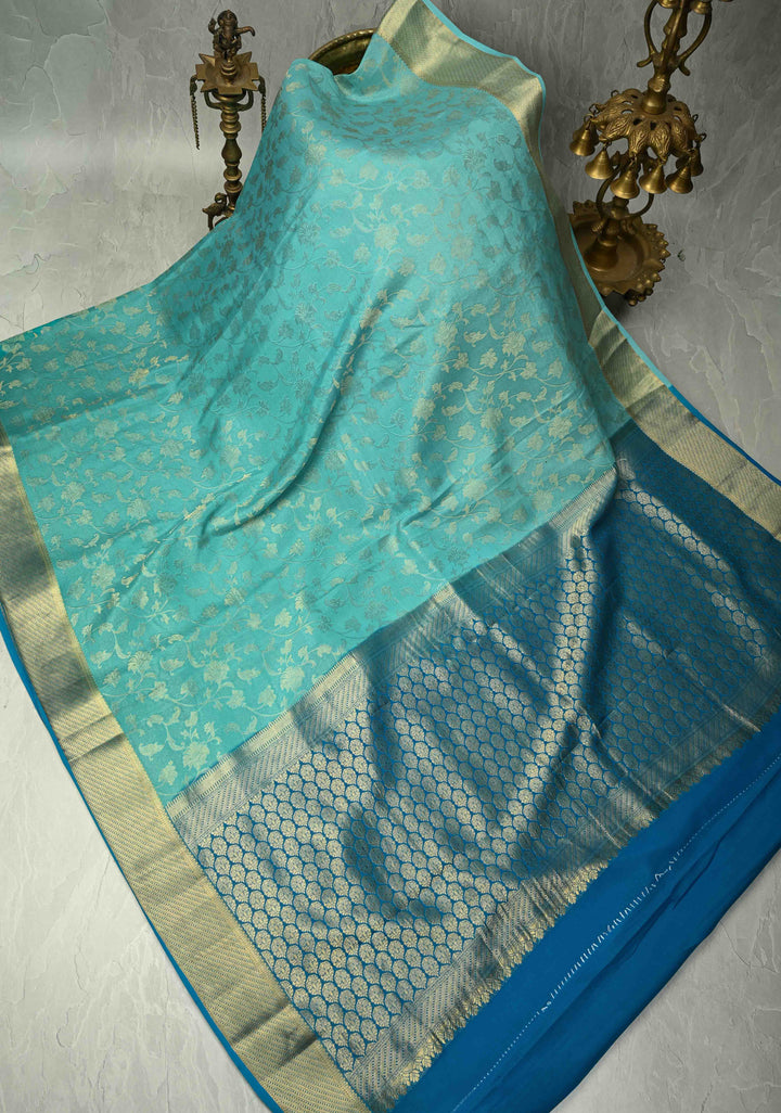 Shades of Blue Ombre Mysore Silk Saree with Floral Brocade Jaal and Contrast Zari Border   | SILK MARK CERTIFIED