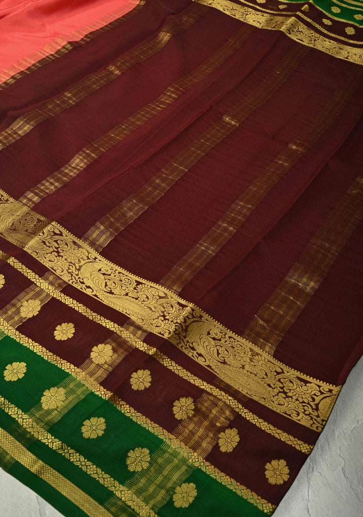 Amaranth Mysore Silk Saree with Contrast Brown-Emerlad Green Zari Border| SILK MARK CERTIFIED