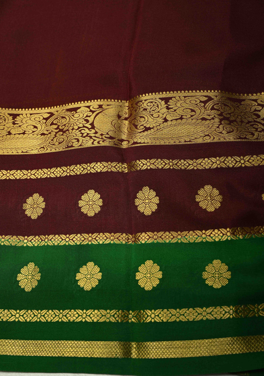 Amaranth Mysore Silk Saree with Contrast Brown-Emerlad Green Zari Border| SILK MARK CERTIFIED