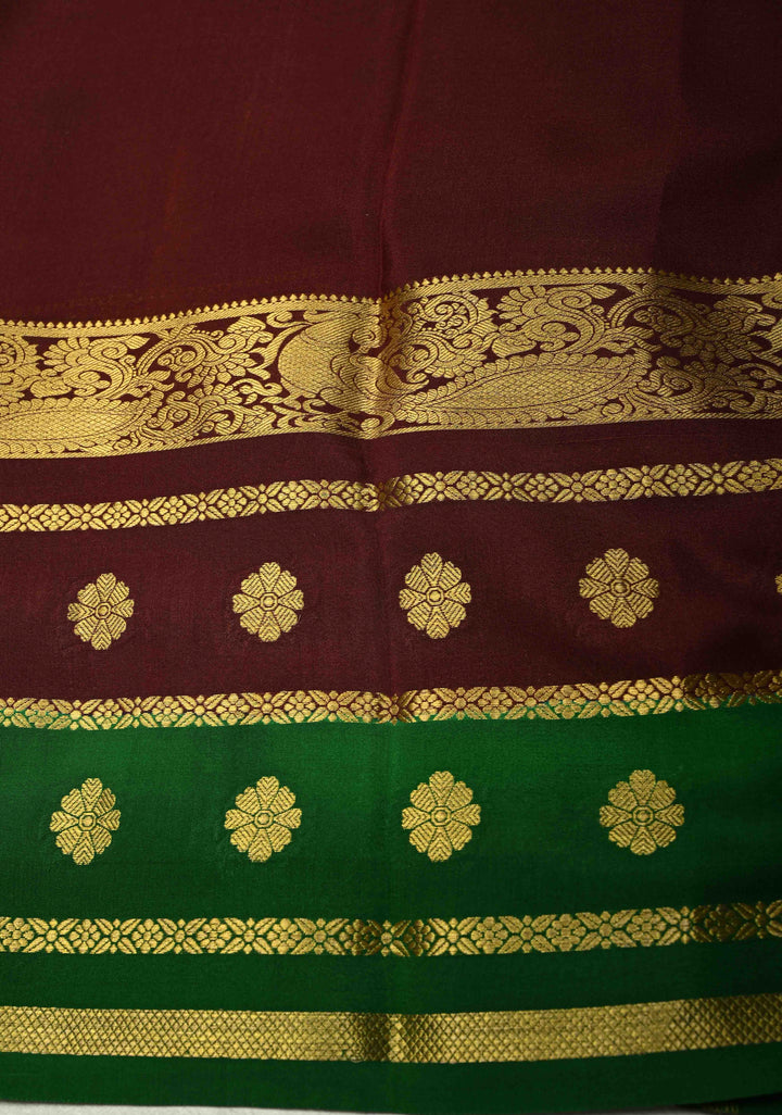 Amaranth Mysore Silk Saree with Contrast Brown-Emerlad Green Zari Border| SILK MARK CERTIFIED