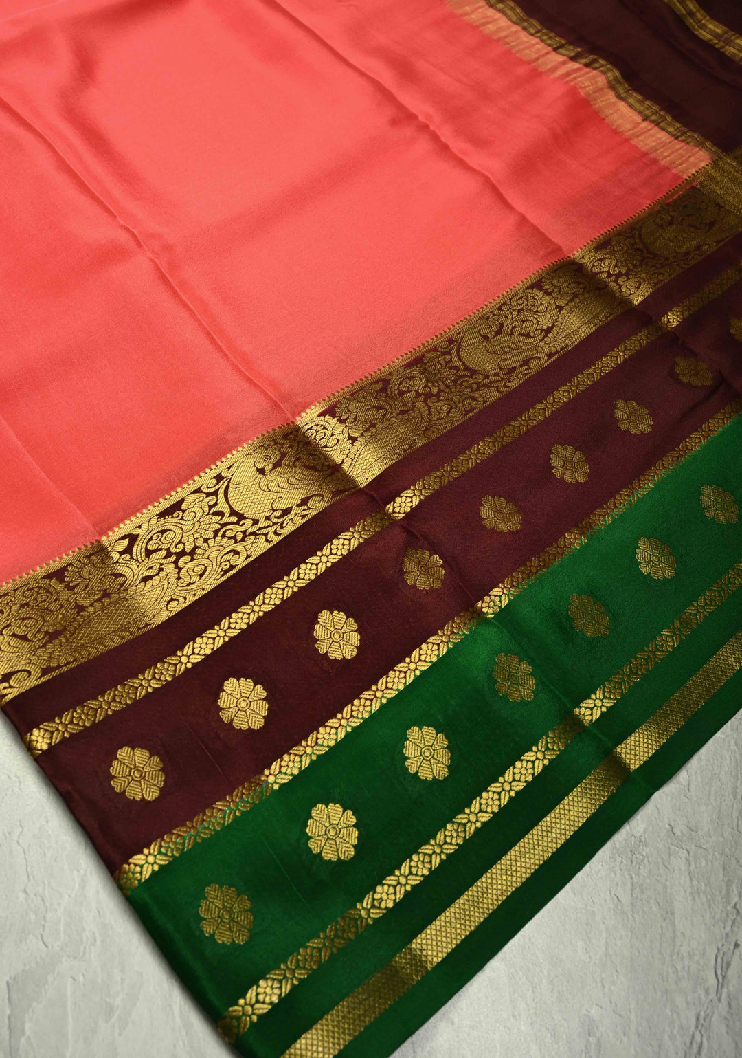 Amaranth Mysore Silk Saree with Contrast Brown-Emerlad Green Zari Border| SILK MARK CERTIFIED