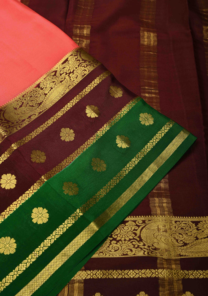 Amaranth Mysore Silk Saree with Contrast Brown-Emerlad Green Zari Border| SILK MARK CERTIFIED