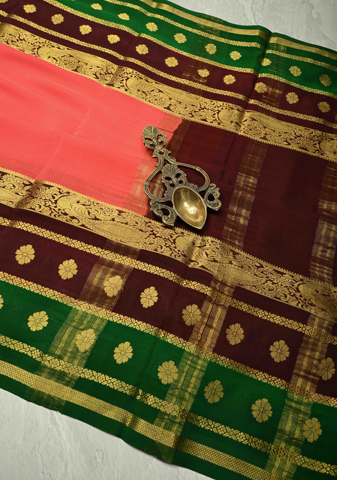 Amaranth Mysore Silk Saree with Contrast Brown-Emerlad Green Zari Border| SILK MARK CERTIFIED