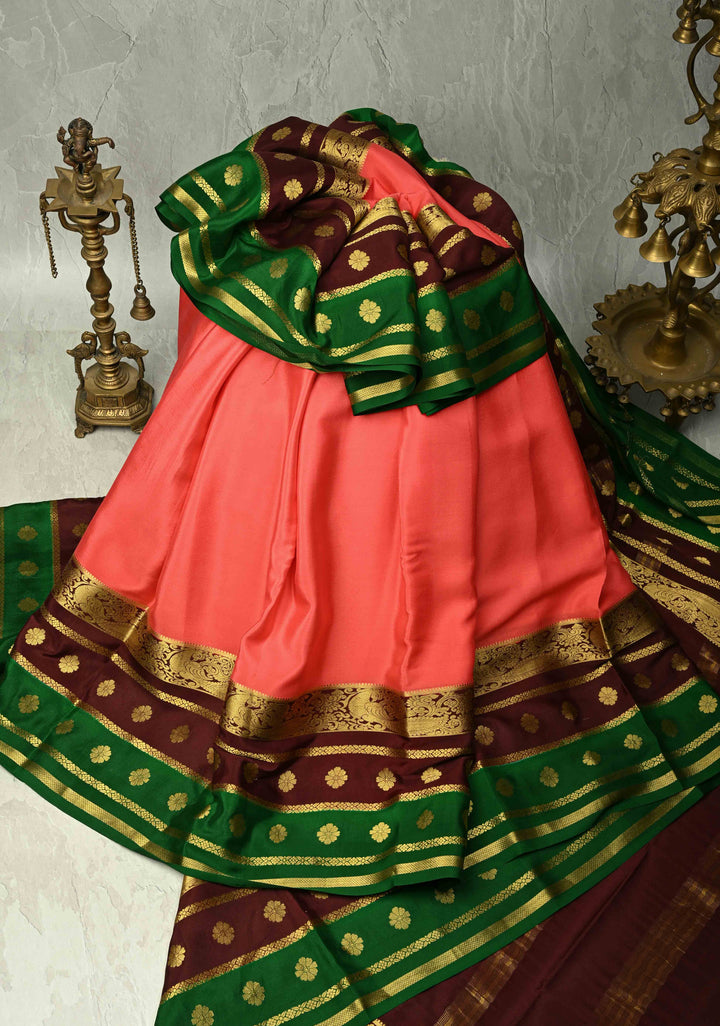 Amaranth Mysore Silk Saree with Contrast Brown-Emerlad Green Zari Border| SILK MARK CERTIFIED